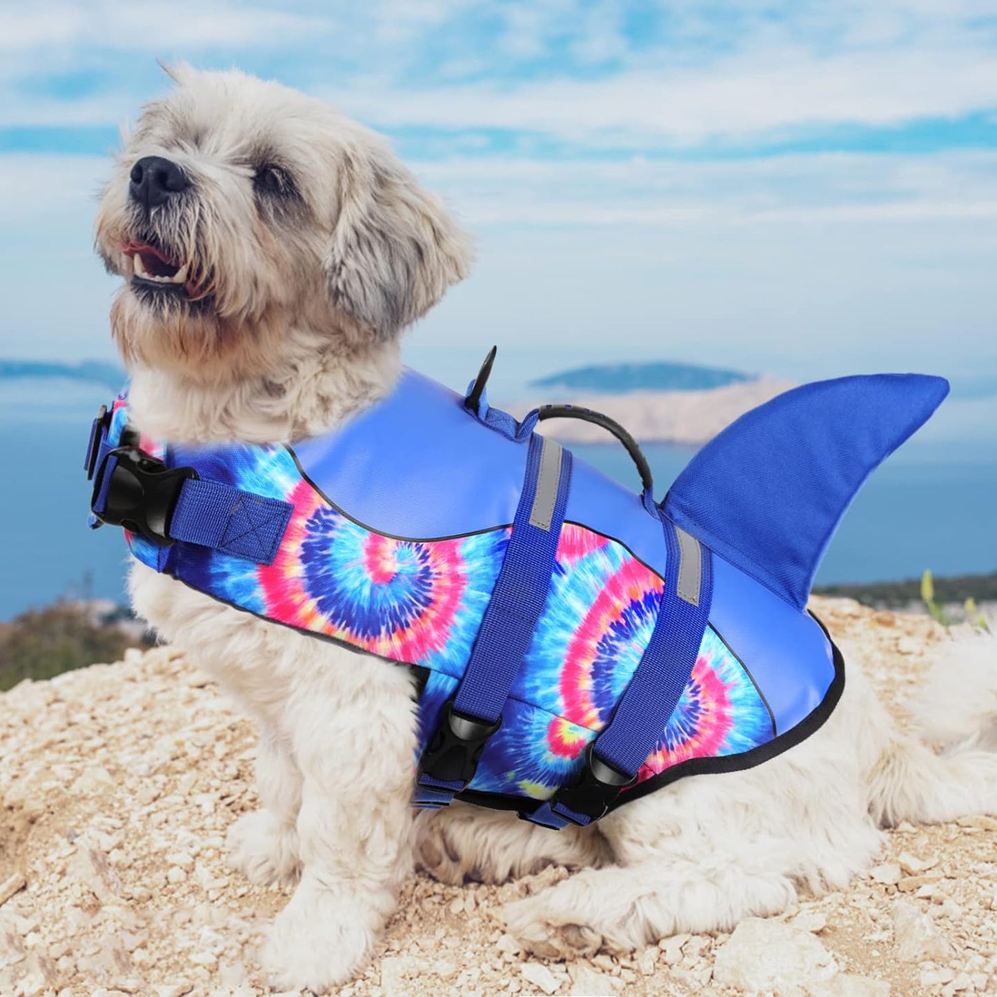 Dog Life Jacket Pet Life Safety Vest for Swimming Boating, Dog Shark Life Jackets Dog Lifesavers Swimsuits for Pool, Dog Water Floatation Vest for Small Medium Large Dogs (Blue Bandhnu, XL)